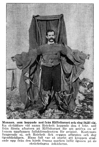 Reichelt hoppar från Eiffeltornet de 4 februari 1912. Tidningsklipp ur KABA-samlingen.